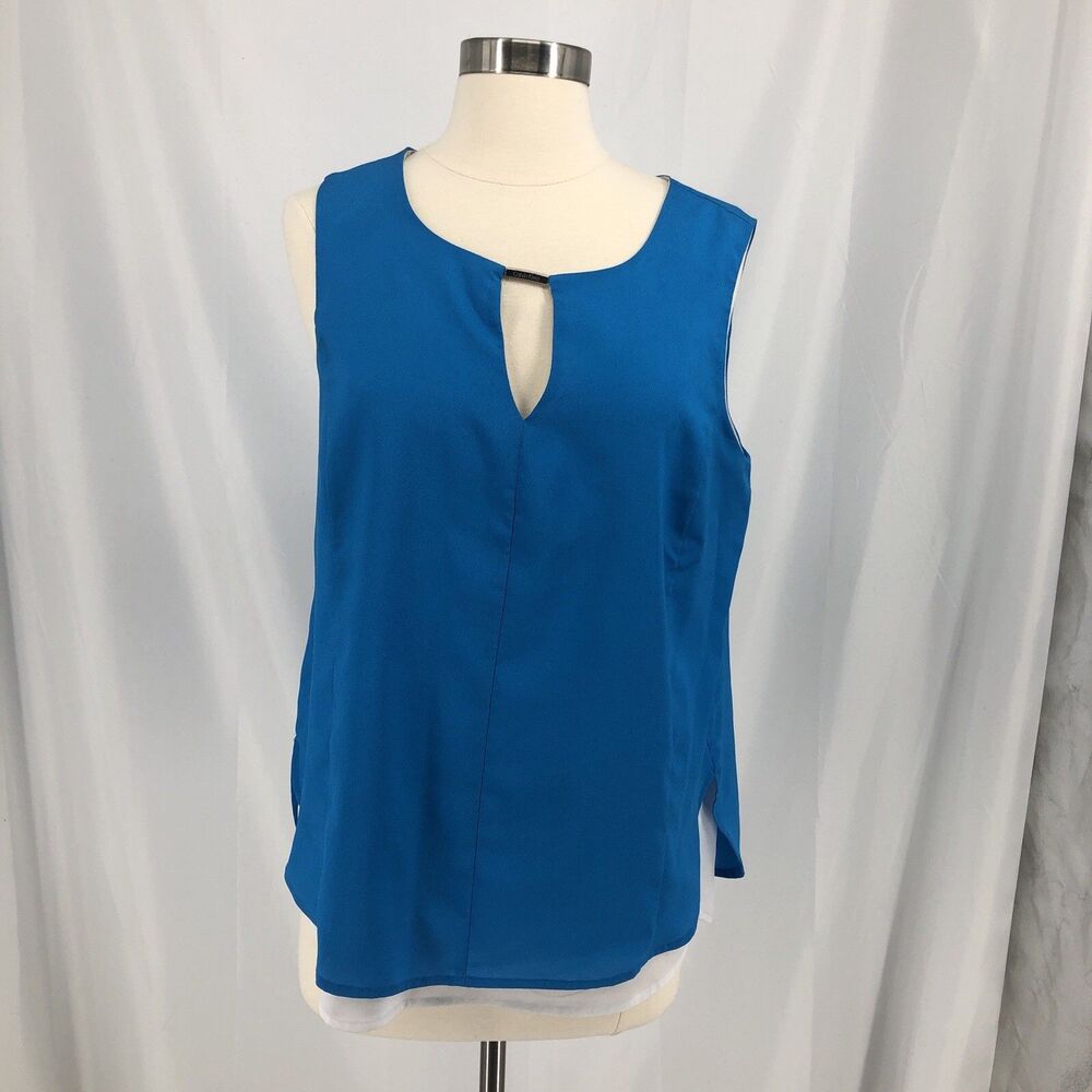 Calvin Klein Womens Blue & White Sleeveless Keyhole Blouse Back Zip Size L